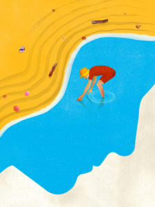 Illustration of person picking up shell on beach shaped like a face