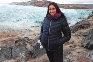 Meghana Ranganathan in front of a glacier