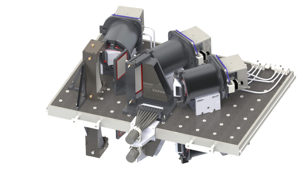 Illustration of a spectrograph unit consisting of a gray tray with white dots and three lens units with wires