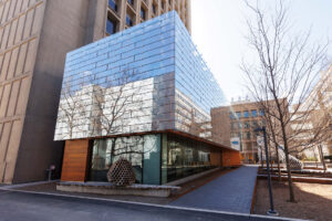 exterior photo of the Moghadam Building and refurbished Green building