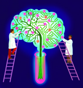 Illustration of a brain growing out of a test tube like a tree. Two scientists in lab coats are climbing to touch the brain on ladders.