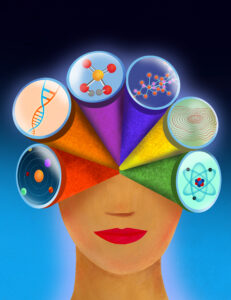 artwork featuring a face. Instead of eyes, she has six telescope-like lenses with artwork representing fields of basic science, including the planets, a DNA helix, atoms, elements, and earthquake waves